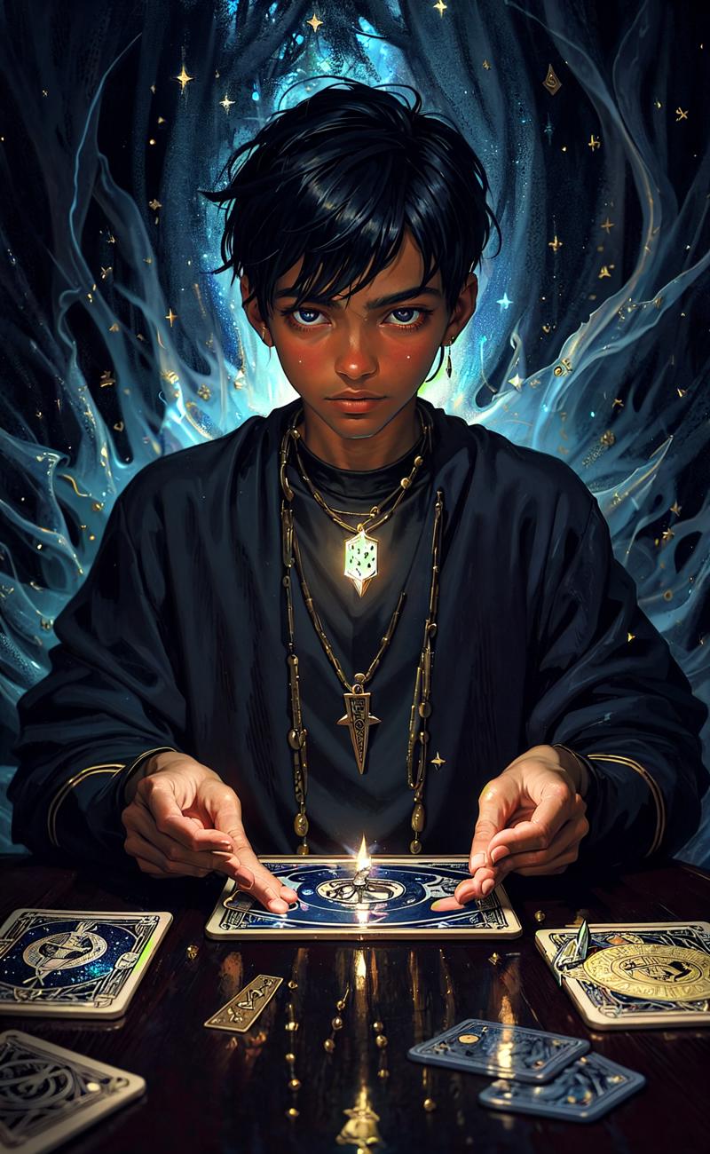 25745-3525311718-impressionism painting, realistic, 1boy, fortune teller, tarot cards at a table, looking at viewer, dark skin, mystical, magical.png